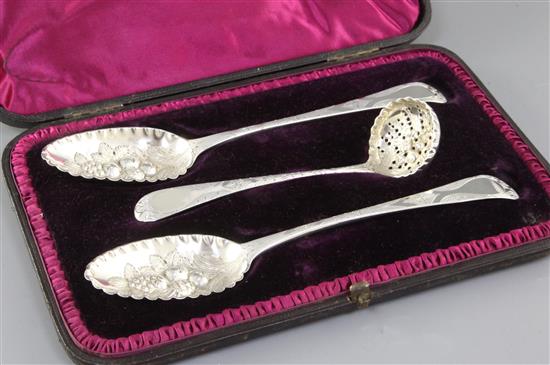 A pair of George III silver berry spoons, Spoons Length 8 ½”/215mm Sifter length 6 ¼”/157mm, Combined weight: 5oz/142grms